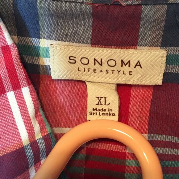 Mens Button Down Shirt Sonoma XL Front Pocket Button Cuffs Plaid u Red White Blu - Picture 4 of 5